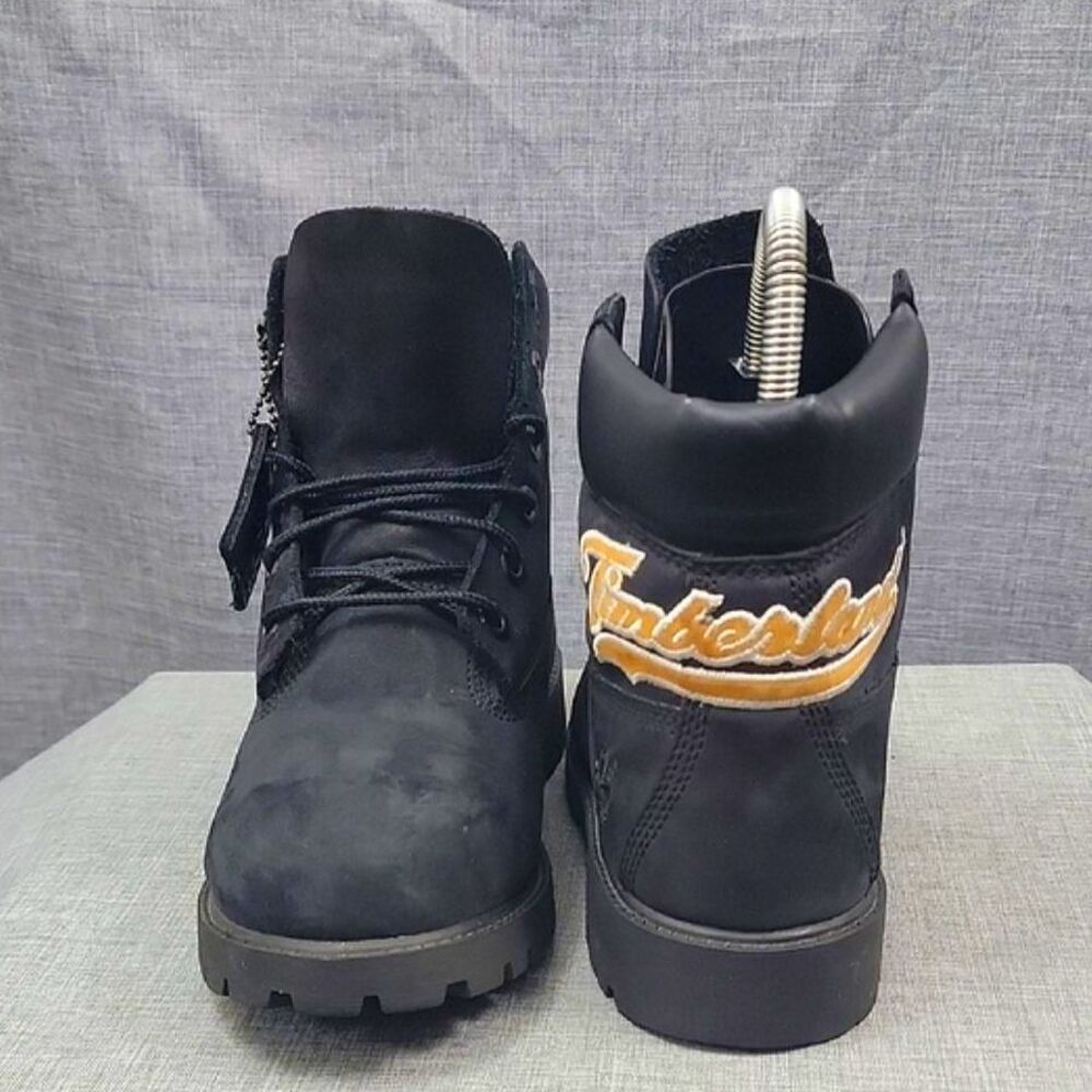 TIMBERLAND Kid's Heel Stitched Emblem Leather Boots 6" Black Nubuck Sz 5US
